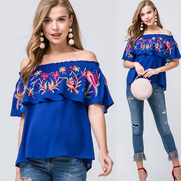 Tops - Embroidered Off Shoulder Ruffle Top | Royal Blue